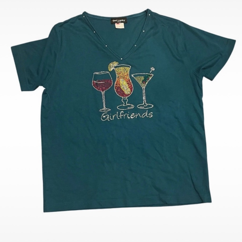 Get Lucky “Girlfriends” Rhinestone Tee – Size L – Y2K Going Out Top